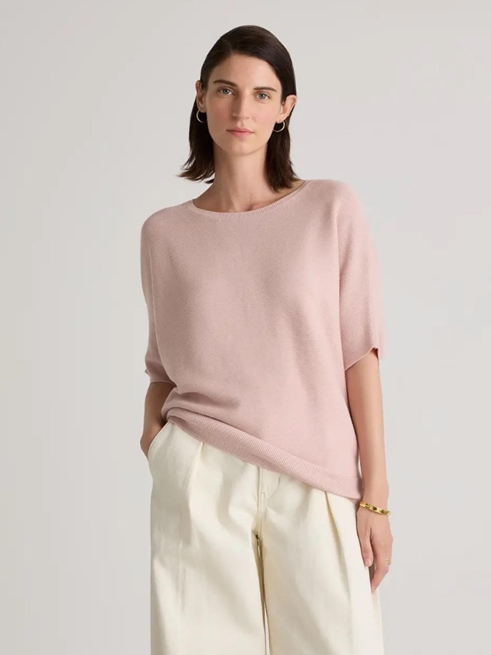 Quince Lightweight Cotton Cashmere Link Stitch Dolman Sweater in Sugar Stone XL